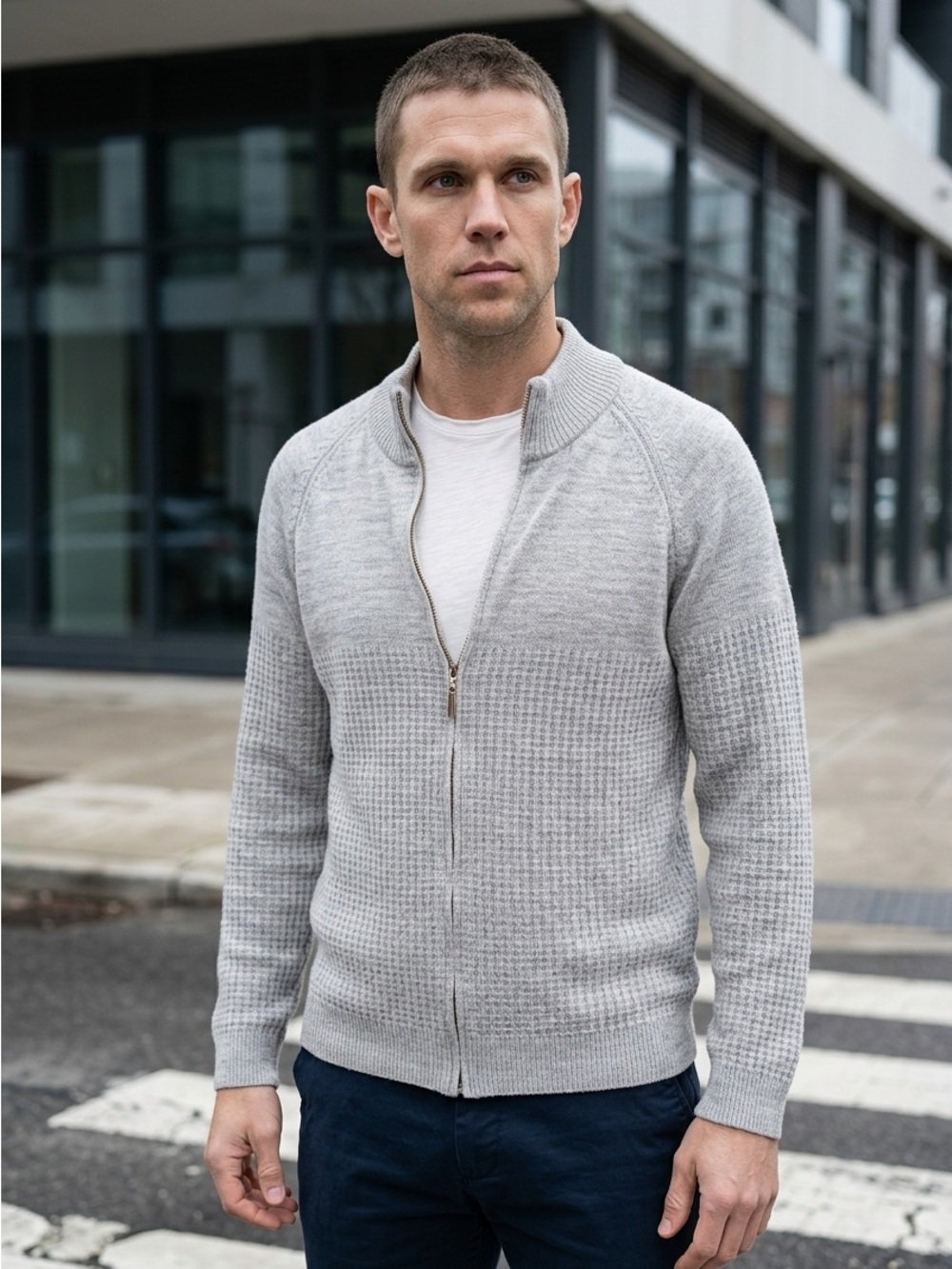 Men's Light Gray Full-Zip Textured Sweater